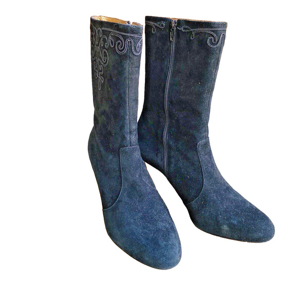 Ann Taylor Black Suede Boots High Heel Mid-Calf Soutache Embroidery  Zip US 7.5M - Picture 2 of 10